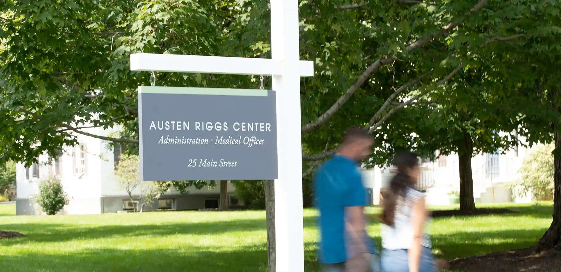 Sign for Austen Riggs Center administration and medical offices at 25 Main Street in Stockbridge, Massachusetts